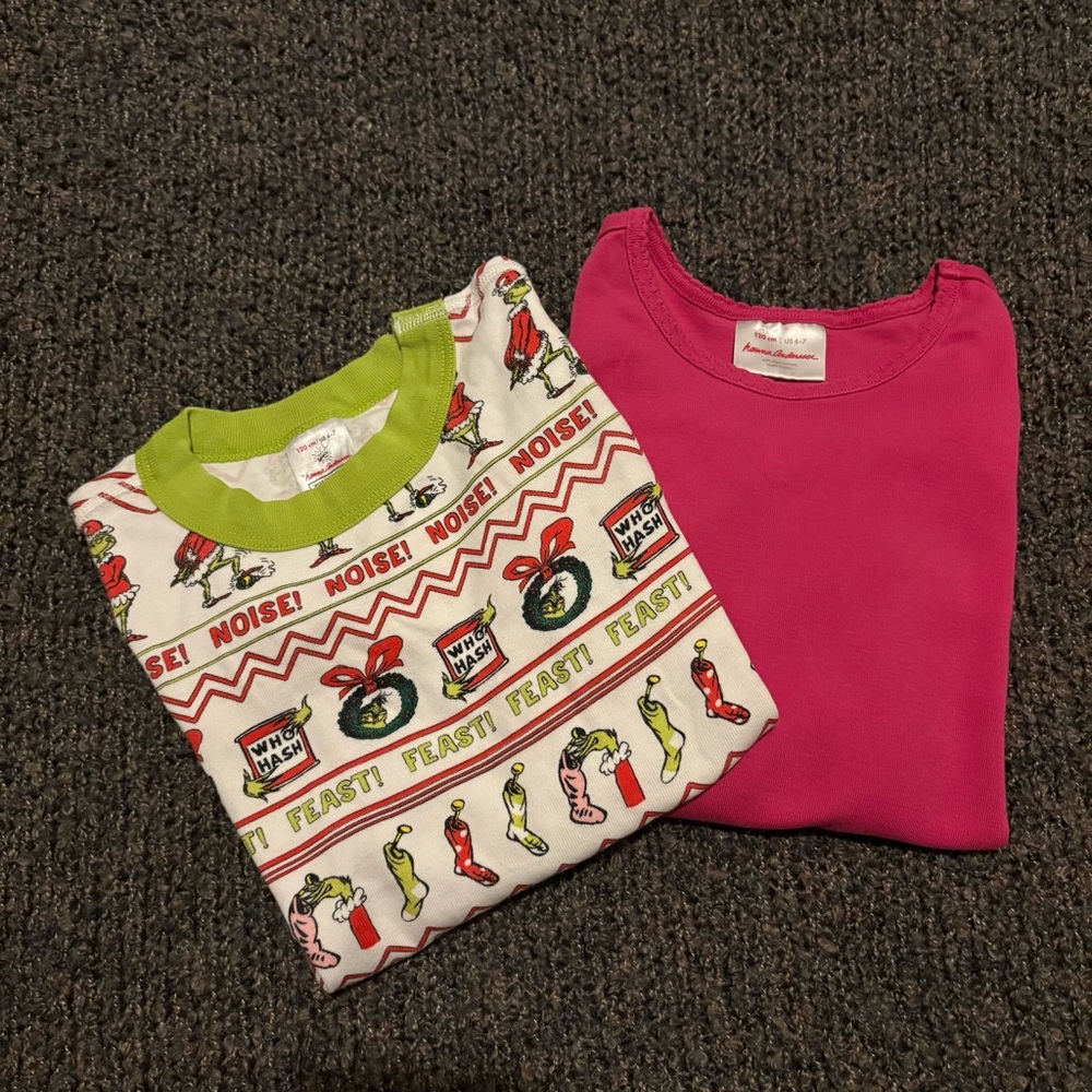 Lot 2 Hanna Andersson Bright Pink Long Sleeve Christmas Grinch Graphic Top 6-7